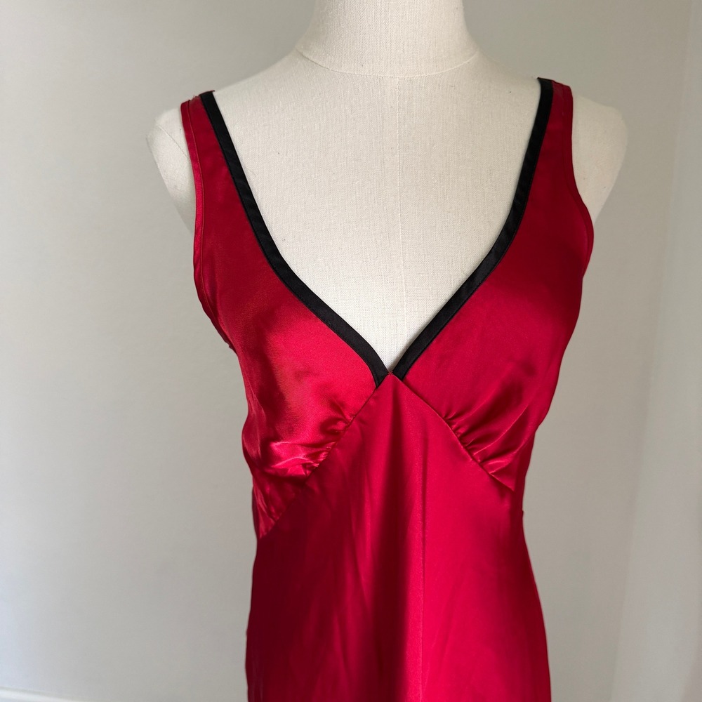Red Satin V-Neck Slip Dress Midi Chemise Old Hollywood Glamor Boudoir Lingerie - Picture 2 of 6